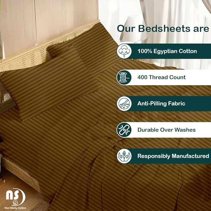 NON Sticky cotton Full Size Sleeper Sofa Sheets, 4 Piece Egyptian Cotton Bed Sheet Set for Sofa Bed, 8" Deep Pocket for Pull Out Couch Mattress, 54" x 75", Taupe Stripe, Soft & Breathable
