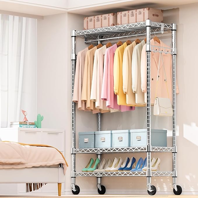 Heavy Duty Rolling Garment Rack 3 Tiers Adjustable Wire Shelving Clothes Rack - Image 7