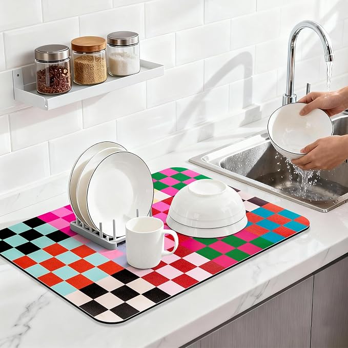 Checkered Dish Drying Mat for Kitchen Counter Coffee Mat Bar Accessories - Image 4