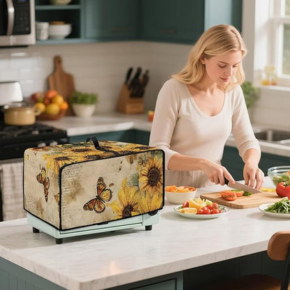 Microwave Oven Dust Cover Dust-Proof Sturdy Microwave Oven Cloth Cover Waterproof Kitchen Appliance Protector Suitable for Most Microwave Ovens, Vintage Sunflower Butterfly Letter Print, S