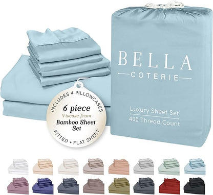 Bella Coterie 6 Piece Luxury Bamboo Viscose California King Size Sheet Set | 100% Organically Grown | Cooling for Hot Sleepers | 18" Deep Pocket | Soft & Hypoallergenic | 4 Pillowcases [Coastal Blue]