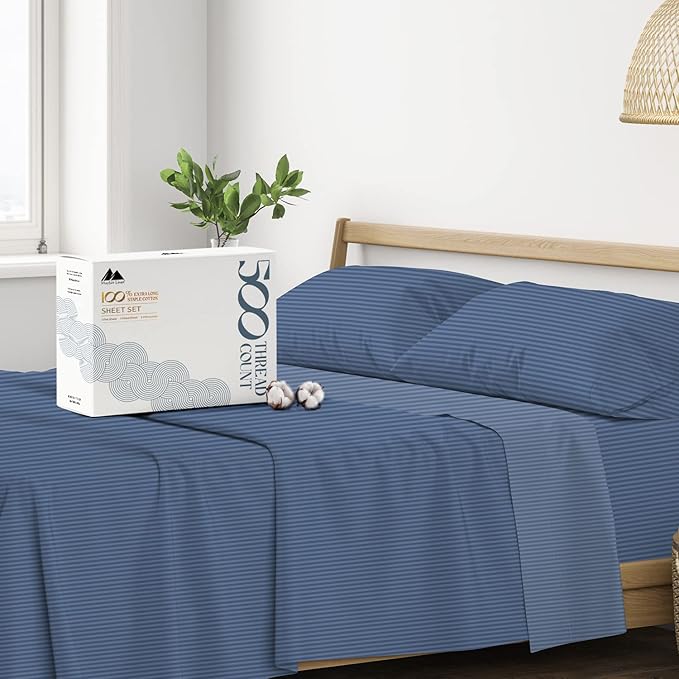 Mayfair Linen 100% Cotton Striped Sheets Twin Size Bed Set - 500 Thread Count Damask Sheets Twin Size 3 PC Set (Light Blue Stripe), Soft, Cooling, Sateen Hotel-Quality 16" Deep Pocket Cotton Bedsheet