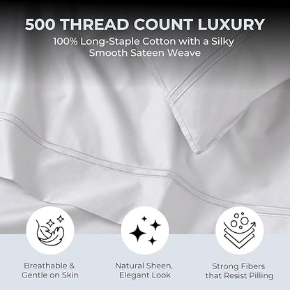 100% Natural Cotton Bed Sheets | 500 TC Single-Ply Sateen Weave King Size Sheets Set | Breathable & Hypoallergenic Solid 4-Piece Bedding with Deep Pocket Fitted, Flat, Pillowcase | White