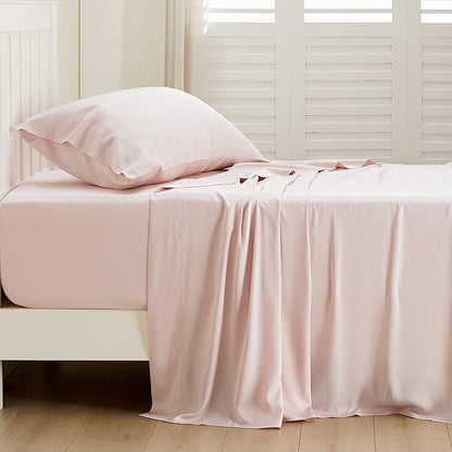 Bedsure Cooling Sheets Twin XL, Rayon Derived from Bamboo, Breathable & Soft Twin XL Sheet Sets, Deep Pocket Up to 16 Inches, Hotel Luxury Silky Dorm Bedding for Hot Sleepers, Pink