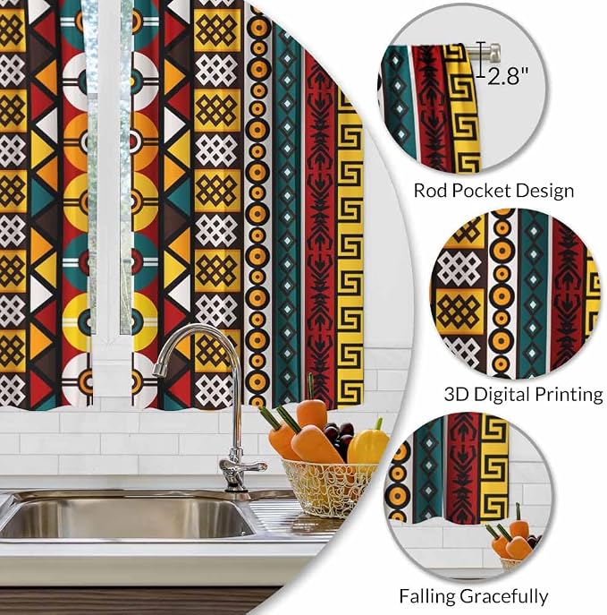 Kente Pattern Kitchen Curtains African Ancient Ethnic Tribal Geometrical Motifs - Image 3