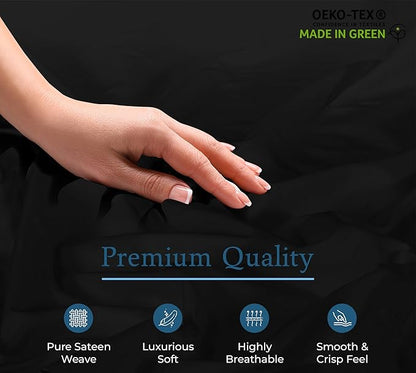Royale Linens 400 Thread Count 100% American Grown Cotton Fitted Sheet Queen Size - All Around Elastic Fitted Sheet - Luxury Sateen Weave - Snug Fit Bottom Sheets Fit Up to 16" (Queen,Night Black)