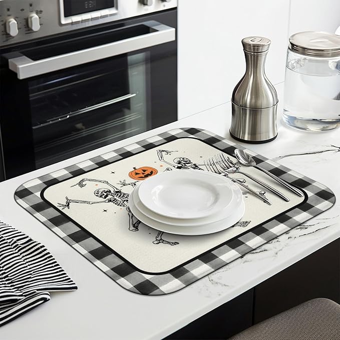 Halloween Dish Drying Mat for Kitchen Counter, Funny Skeleton Pattern - Image 3