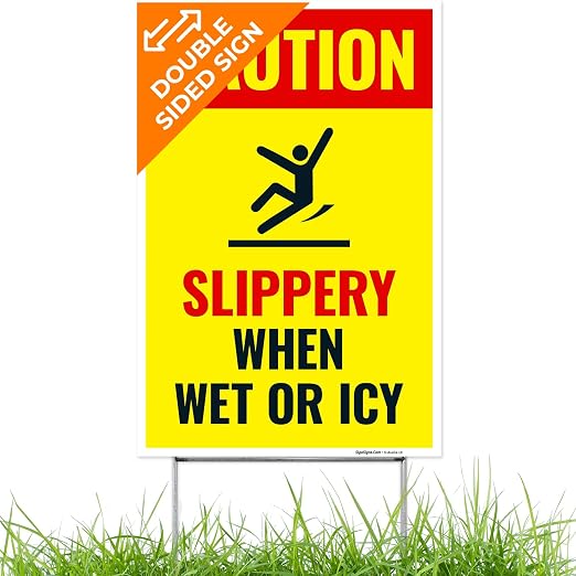 Caution Slippery When Wet or ICY Sign, Double Sided 12x18 Inches, Corrugated by SigoSigns