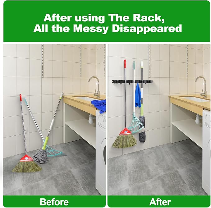 voze 5 Racks and 4 Hooks Mop and Broom Holder Wall Mount, Self Adhesive Heavy - Image 3