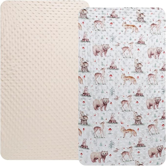 Dot Bassinet Sheet Set 2 Pack Stretch Fitted Cradle Sheets,Ultra Soft,Universal Fit Oval Rectangle Hourglass Pad/Mattress, for Baby Girls and Boys Cream, Fox Deer Bear