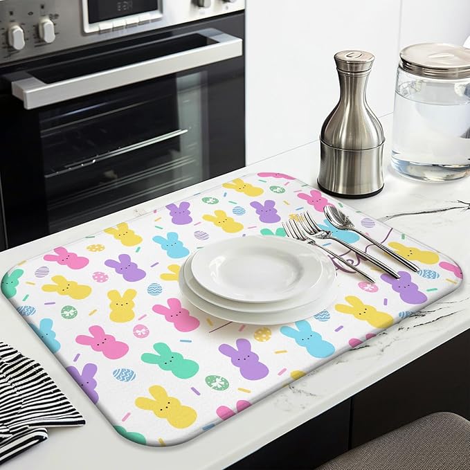 Happy Easter Dish Drying Mat for Kitchen Counter, Cute Bunny Microfiber Drying - Image 3