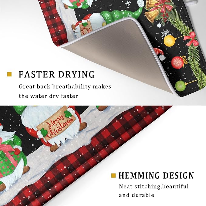 Merry Christmas Dish Drying Mat Black Gnomes Dish Drainer Mats 18x24 Inch - Image 3