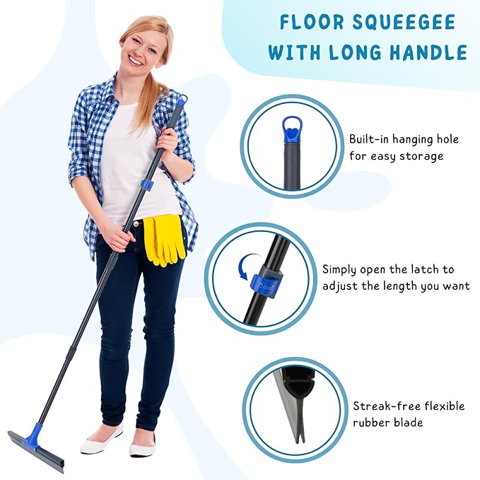 Floor Squeegee with Telescopic Long Handle 59'', Heavy Duty 18" Rubber Wiper - Image 2