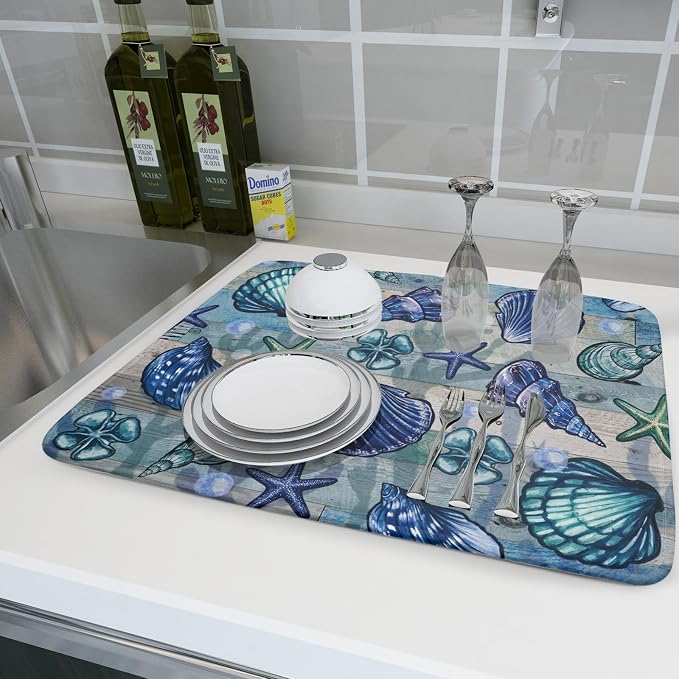 Starfish Seashell Dish Drying Mat 18x24 inch Coastal Beach Dish Drainer Rack - Image 6