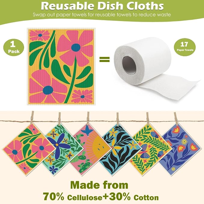 6 Packs Swedish Paper Cloths for Kitchen, Reusable Paper Towels Washable Dish - Image 3