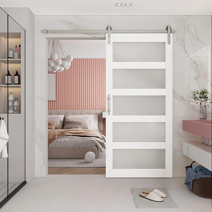 BARNSMITH 48in x 96in Glass Barn Door and 8FT Nickle Sliding Door Hardware by BARNSMITH