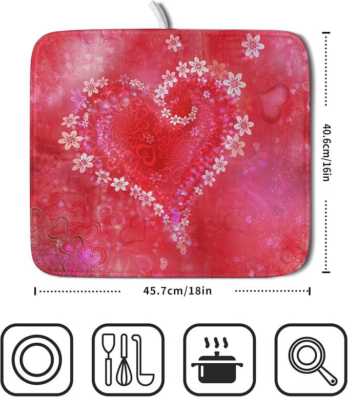 Valentines Day Dish Drying Mat for Kitchen Counter Red Heart Flower Decor - Image 2