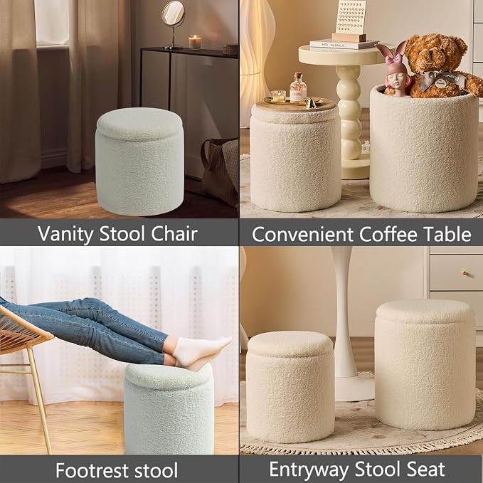 Round Ottoman with Storage Set of 2-Upholstered Sherpa Vanity Stool - Image 6