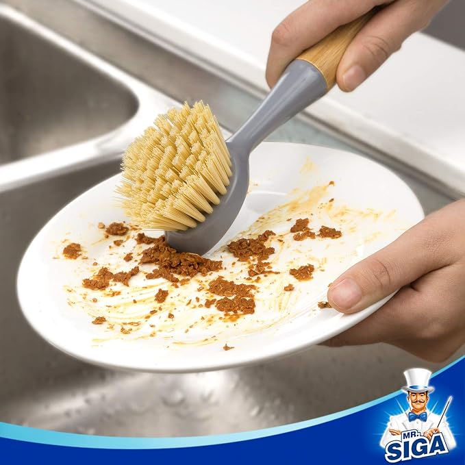 MR.SIGA Dish Brush with Bamboo Handle Built-in Scraper, Scrub Brush - Image 2