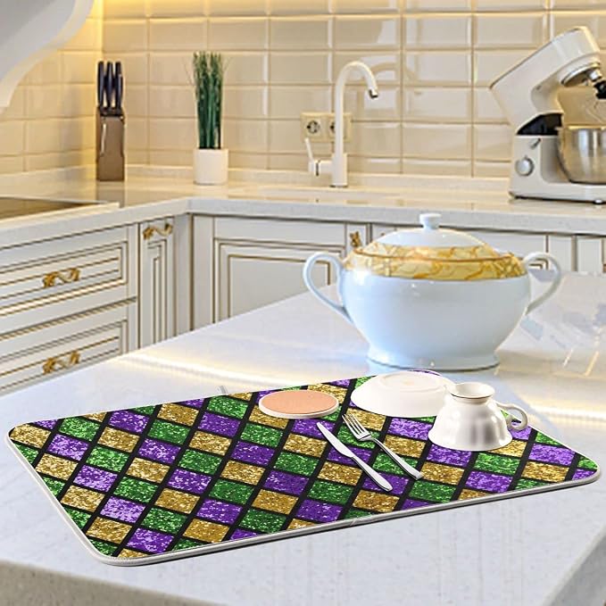Mardi Gras Dish Drying Mat for Kitchen Gold Purple Green Buffalo Plaid - Image 6