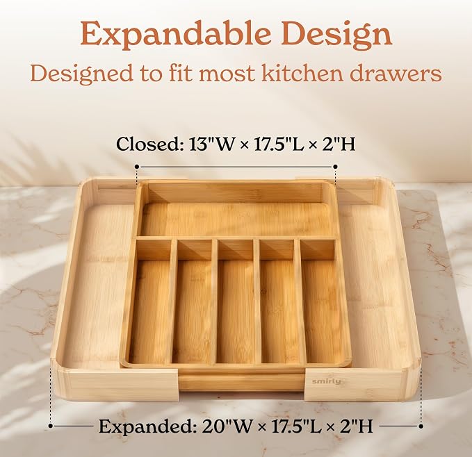 SMIRLY Silverware Drawer Organizer – Bamboo Kitchen Drawer Organizer, - Image 2