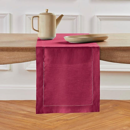 Solino Home Linen Beet Table Runner 132 Inches Long - 100% Pure Linen Extra Long Table Runner 14 x 132 Inch for Christmas, New Year - Classic Hemstitch
