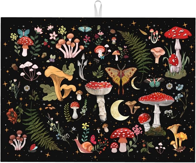 Mushroom Dish Drying Mat for Kitchen Counter 18"x24" Moth Gothic Witchy Dishes by Unknown