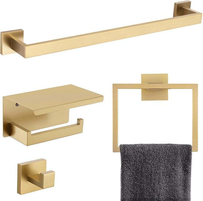 Brushed Gold Bathroom Towel Bar Holder Sets Premium Stainless Steel 4-Piece by TQKAG