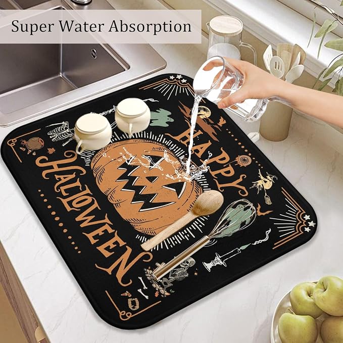 Halloween Dish Drying Mat for Kitchen Counter, Vintage Halloween Pumpkin Skull - Image 5