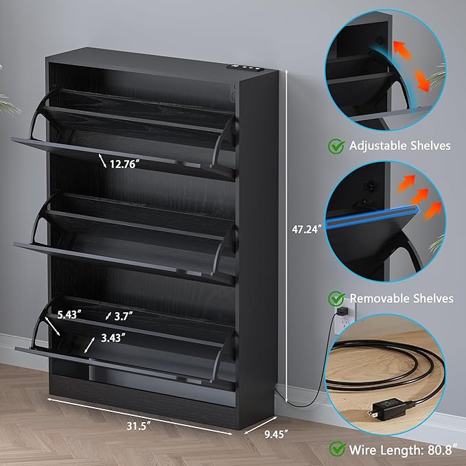 Shoe Cabinet with Odor Control and Back Panels, Deodorizing Slim 3-Flip Shoe - Image 2