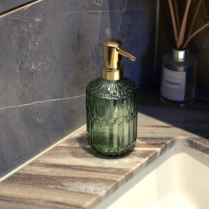 Glass Soap Dispenser Green Bottle Gold Plastic Pump Refillable Kitchen Sink - Image 8