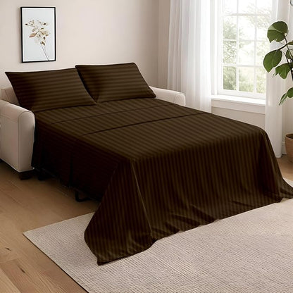NON Sticky cotton Twin Size Sleeper Sofa Sheets, 4 Piece Egyptian Cotton Bed Sheet Set for Sofa Bed, 7" Deep Pocket for Pull Out Couch Mattress, 39" x 75", Chocolate Stripe, Soft & Breathable