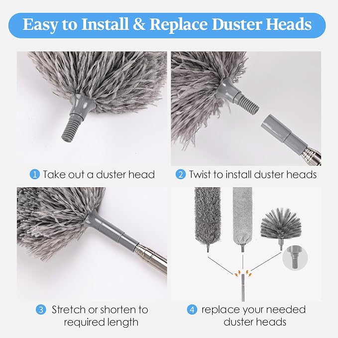 Cobweb Duster with Extension Pole, Washable Cleaning Microfiber Feather Duster - Image 7