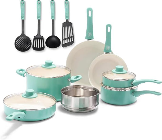 GreenLife Soft Grip Healthy Ceramic Nonstick, 15 Piece Cookware Pots and Pans by GreenLife