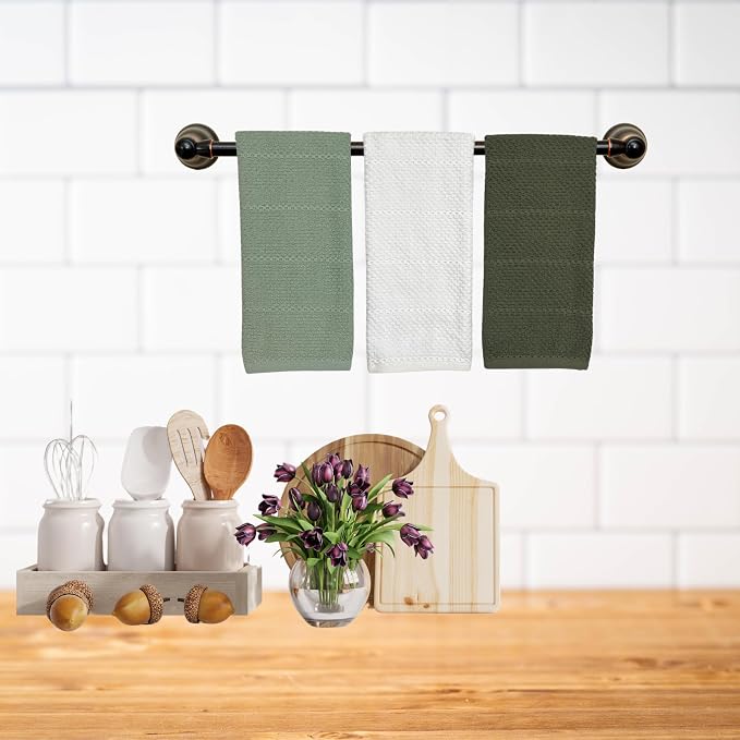 Sage White Dark Green Kitchen Hand Dish Towels: Oversized 28" x 18", 100% - Image 3