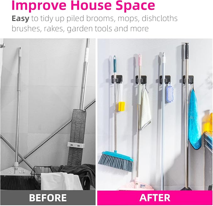 4 Pack Anti-Slip Broom Holder, Space-Saving, Damage-Free Wall Mount, Stainless - Image 4