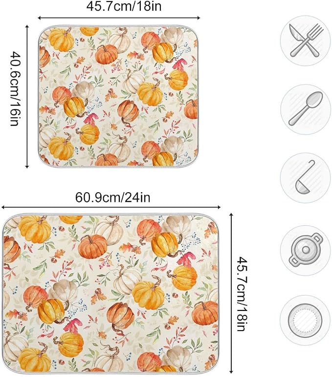 Autumn Fall Dish Drying Mat for Kitchen Counter Watercolor Pumpkin Maple Leaf - Image 5
