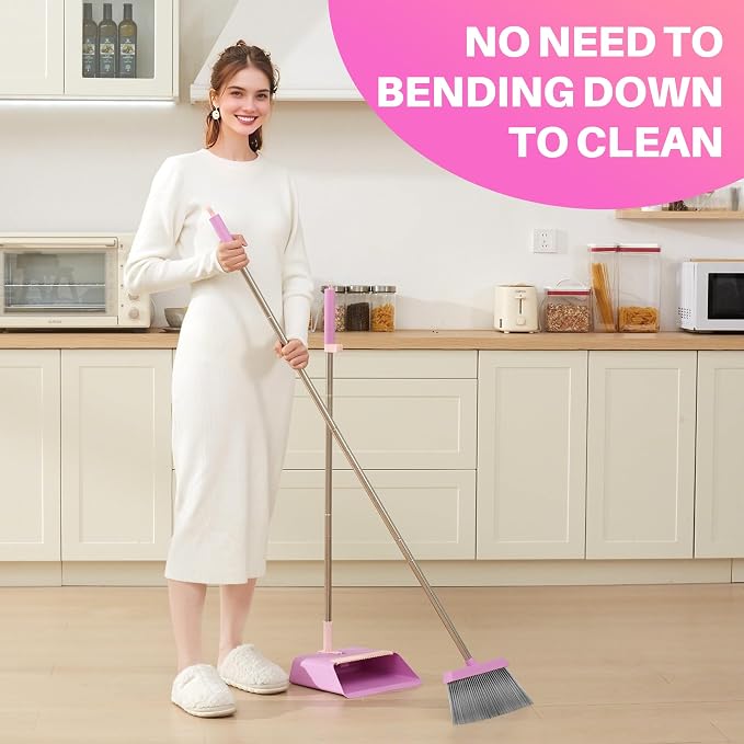JOYMOOP Pink Broom and Dustpan Set, Upright Angle - Image 2