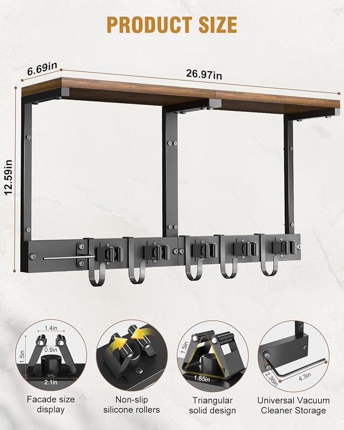 Broom Holder Wall Mount with Top Wooden Shelf, Heavy Duty Metal Cleaning - Image 8