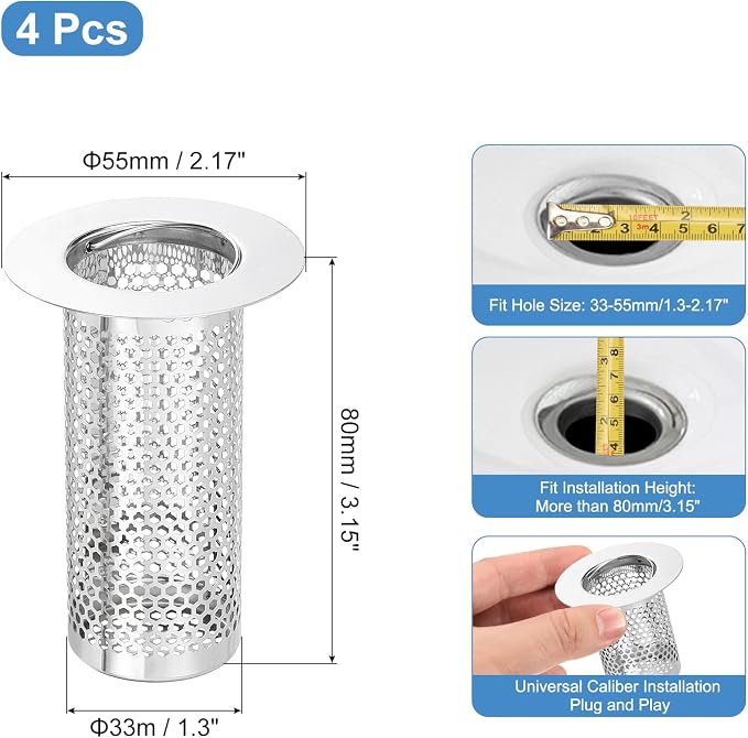 uxcell 4 Pack Shower Drain Strainer, 3.2" x 2.2" 304 Stainless Steel Floor - Image 2
