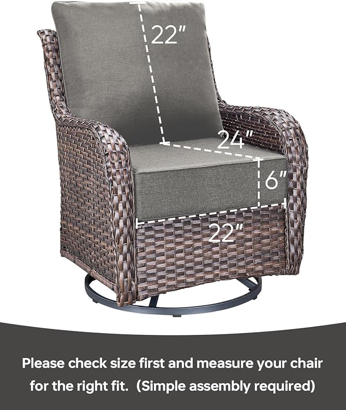 Luxury 22x24/22x25 6-Inch Outdoor Cushions for 5 Peice Patio Furniture Set - Set of 5 Water-Resistant Pillow for Dining Rocking Swivel Chairs Loveseat Couch Sectional Sofa - Grey