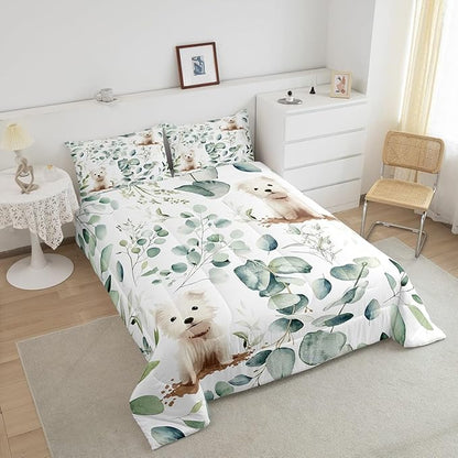 Erosebridal Cute Dog Full Size Comforter Set for Kids Child Green Eucalyptus Bedding Set, Pet Animal Down Comforter Botanical Plant Leaves Bed Set, Cartoon Pug Puppy Quilted Duvet