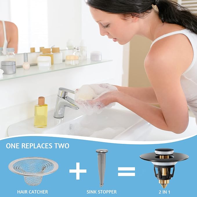 Black Bathroom Sink Stopper – Pop Up Drain Stopper & Sink Strainer, Universal - Image 7