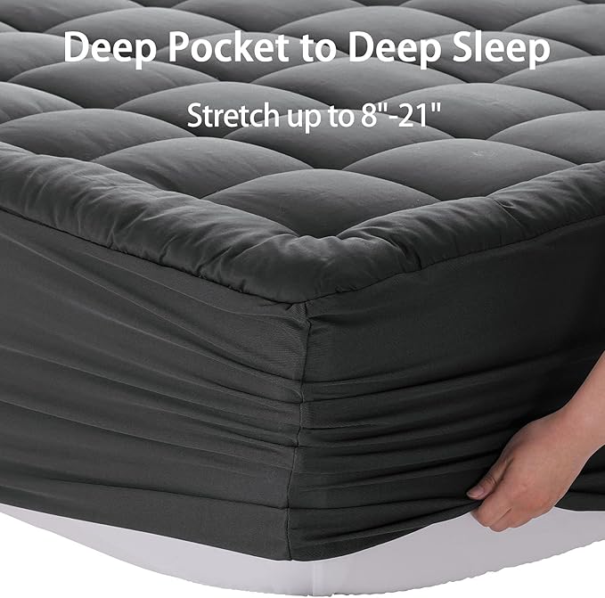 EASELAND King Size Mattress Pad Pillow Cooling Top Mattress Cover Quilted Fitted Protector Cotton Top 8-21" Deep Pocket (78x80 Inches, Dark Grey)