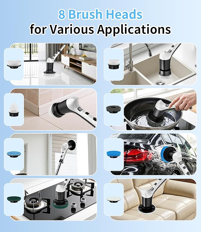 Electric Spin Scrubber with 3 Speed, Adjustable Extension Handle, 8 Brush Heads - Image 7