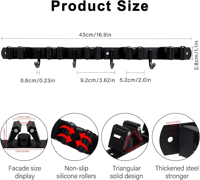 2 Packs 5 Racks and 4 Hooks Mop and Broom Holder Wall Mount, SUS304 Heavy Duty - Image 3