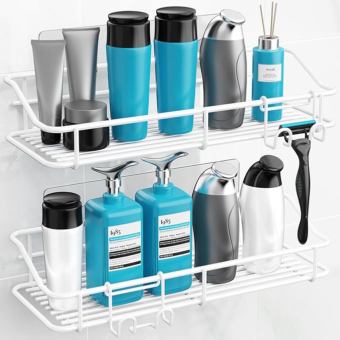 Nieifi Shower Caddy Shelf with Hooks Storage Rack Organizer Adhesive Stainless - Image 2