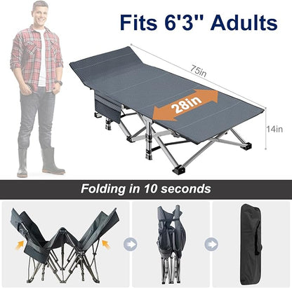 ABORON Camping Cot for Adult 28" Extra Wide, Heavy-Duty 1200D Oxford Cot for Sleeping, Portable Folding Camp Bed with Mat & Carry Bag