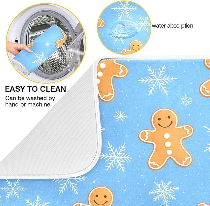 Snowflake Gingerbread Cookie Man Blue Dish Drying Mat - Image 2