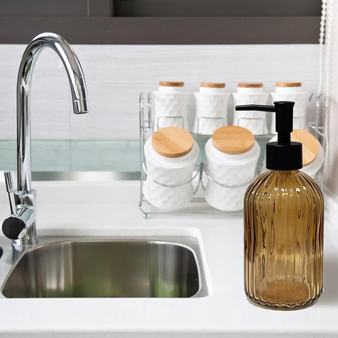 Black Pump Glass Soap Dispenser, 13.5oz Brown Stripe Countertop Refillable - Image 6